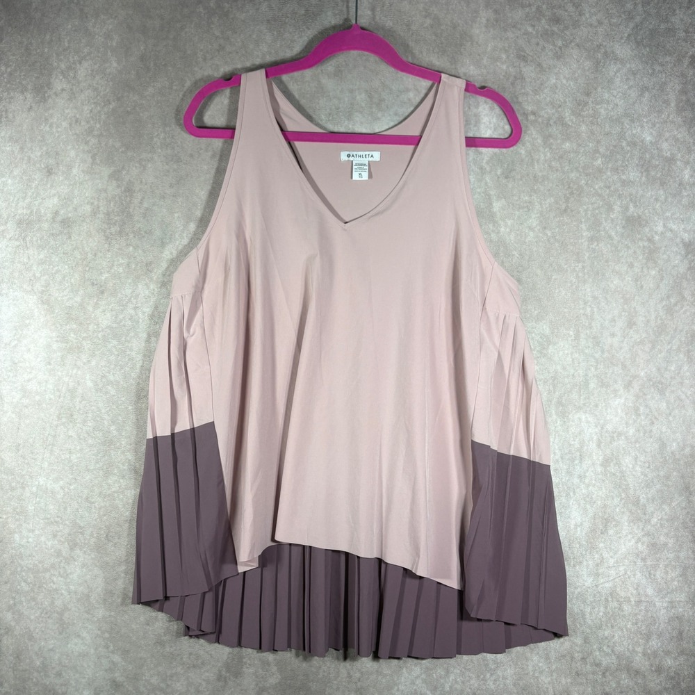 Athleta Tank Top Womens XL Pink Pleated Hem V-Neck Sleeveless Colorblock Active